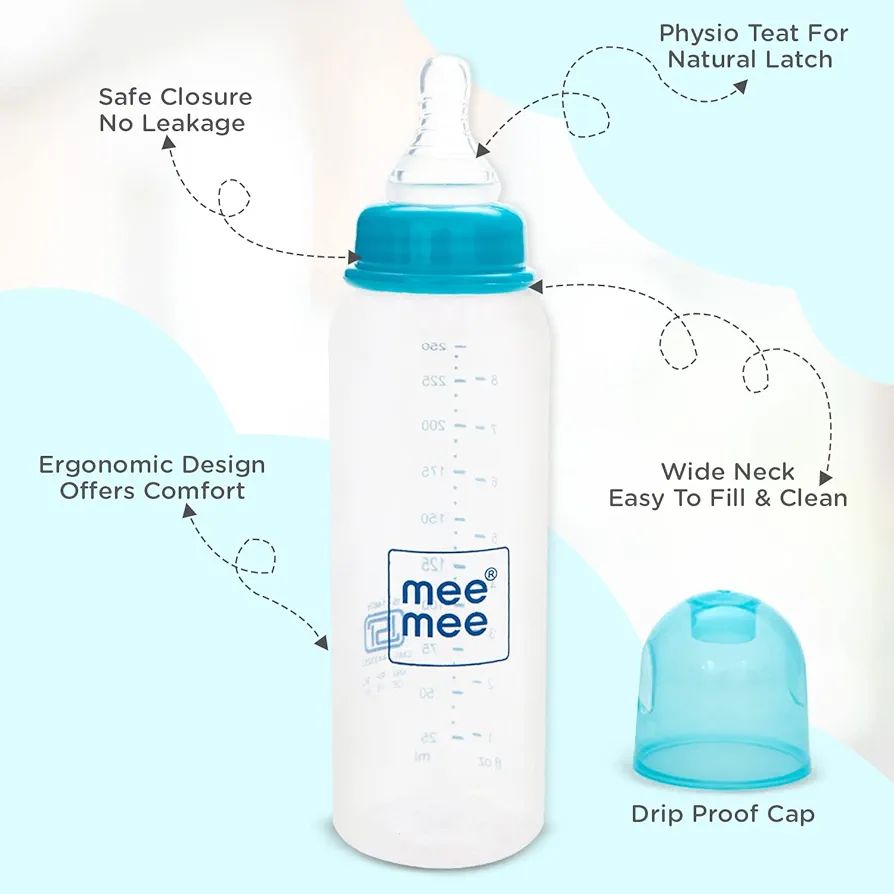 Mee Mee Baby Plastic Feeding Bottle 250Ml |BPA-Free Baby Milk Bottle with Eazy Flo Technology, Anti-Colic Valve, Non Toxic and Ergonomic Design for New Born/Infants/Toddler Upto 3 Years (Blue) view 2