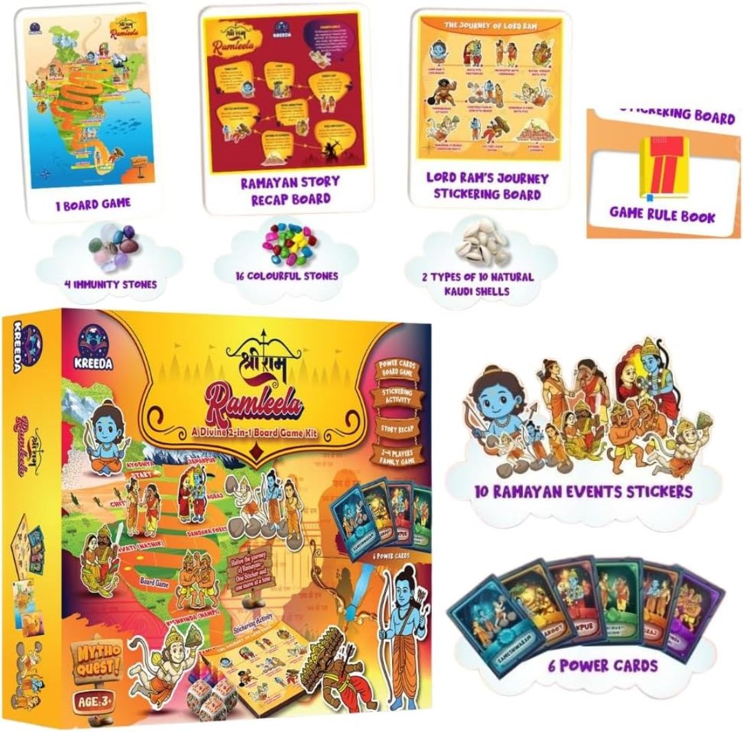 Ramleela 2-in-1 Board Game Kit for Kids & Family | Educational Ramayan Journey Game | Cultural Learning Mythology Board Game with Power Cards, Stickers & Kaudis