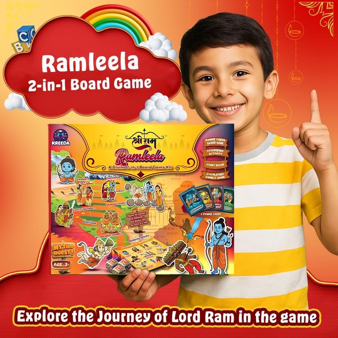 Ramleela 2-in-1 Board Game Kit for Kids & Family | Educational Ramayan Journey Game | Cultural Learning Mythology Board Game with Power Cards, Stickers & Kaudis view 5
