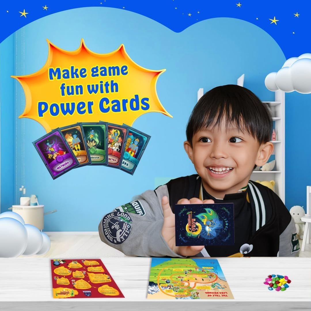 Krishnaleela 2-in-1 Board Game for Kids & Adults | Reusable Stickering Activity | Lord Krishna Story Game | Power Cards & Natural Kaudis view 2