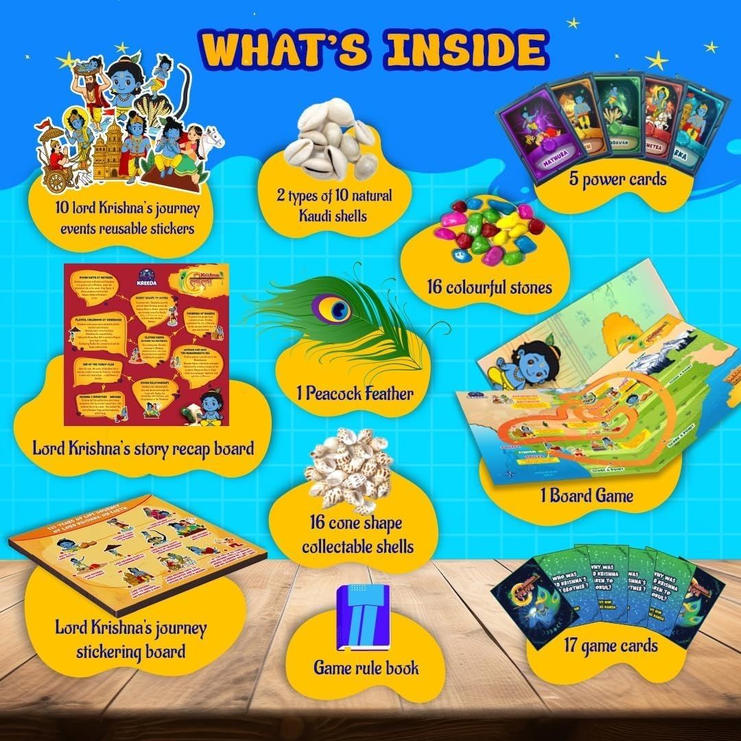 Krishnaleela 2-in-1 Board Game for Kids & Adults | Reusable Stickering Activity | Lord Krishna Story Game | Power Cards & Natural Kaudis view 3