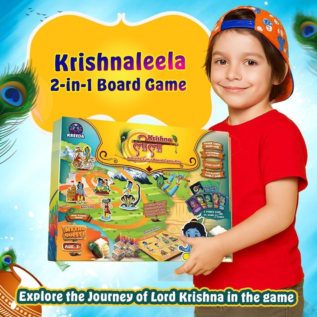 Krishnaleela 2-in-1 Board Game for Kids & Adults | Reusable Stickering Activity | Lord Krishna Story Game | Power Cards & Natural Kaudis view 7