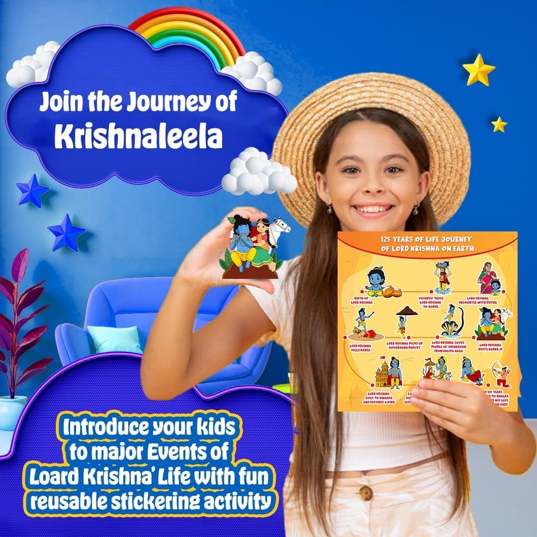 Krishnaleela 2-in-1 Board Game for Kids & Adults | Reusable Stickering Activity | Lord Krishna Story Game | Power Cards & Natural Kaudis view 4
