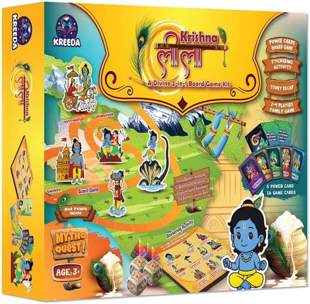 Krishnaleela 2-in-1 Board Game for Kids & Adults | Reusable Stickering Activity | Lord Krishna Story Game | Power Cards & Natural Kaudis