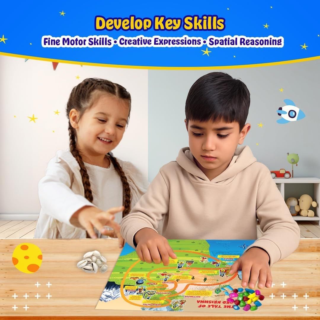 Krishnaleela 2-in-1 Board Game for Kids & Adults | Reusable Stickering Activity | Lord Krishna Story Game | Power Cards & Natural Kaudis view 8