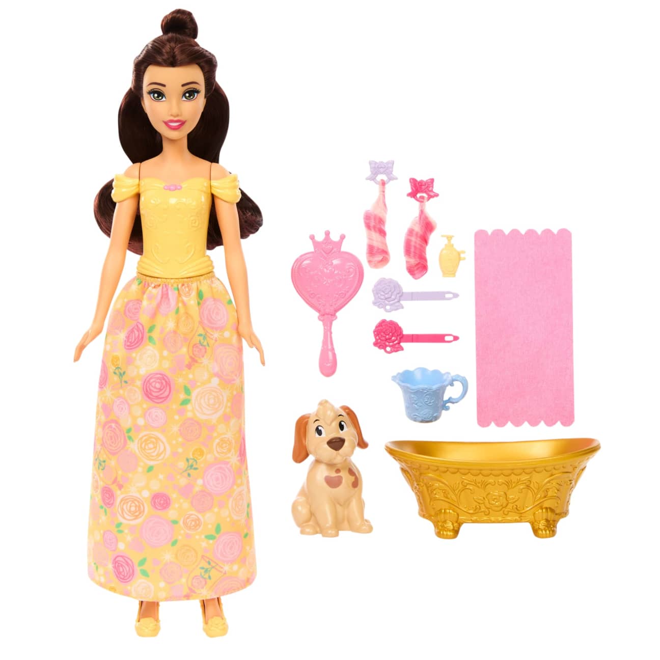 Disney Princess Bathe & Brush Belle Fashion Doll & Dog Figure With Color Change & Accessories view 6