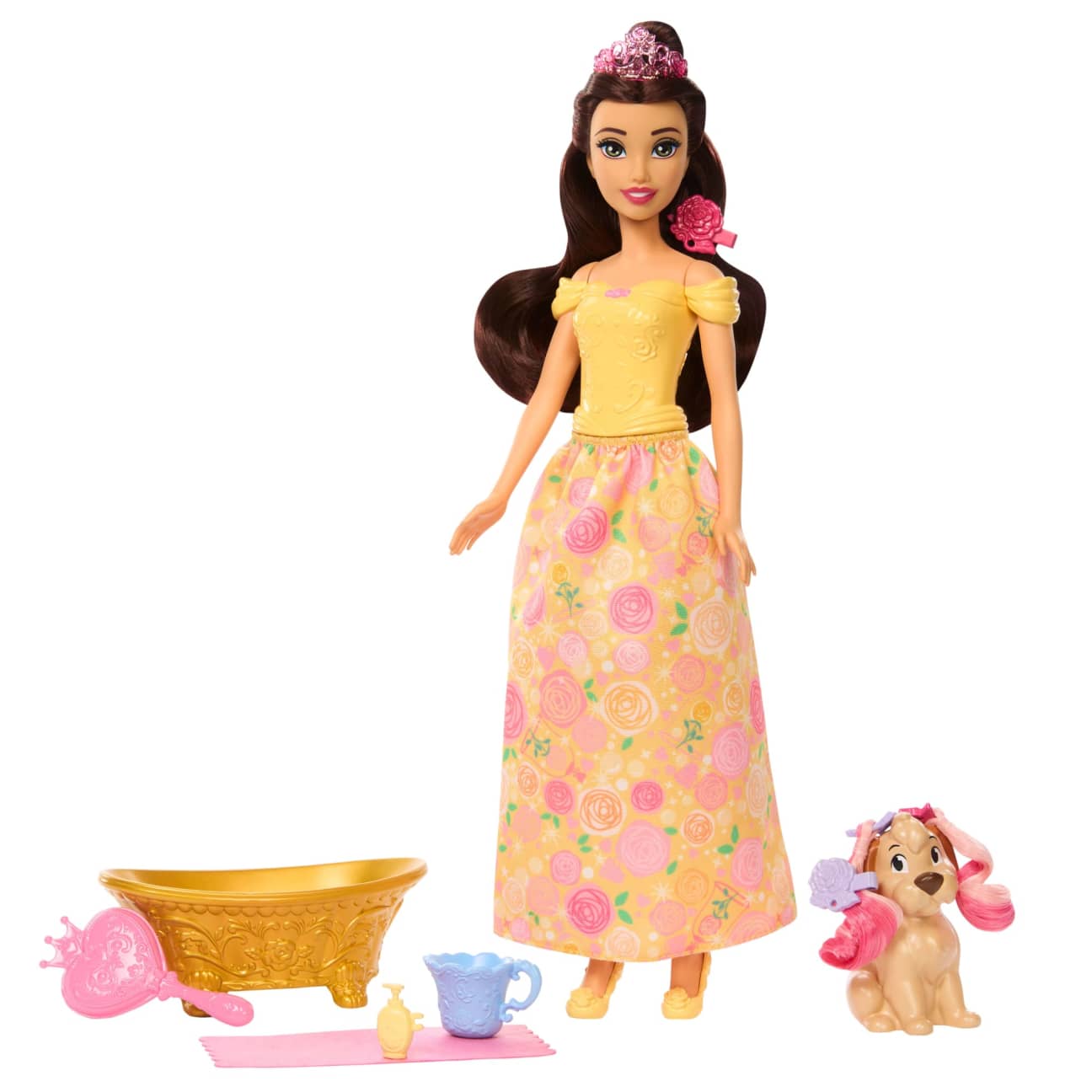 Disney Princess Bathe & Brush Belle Fashion Doll & Dog Figure With Color Change & Accessories view 2