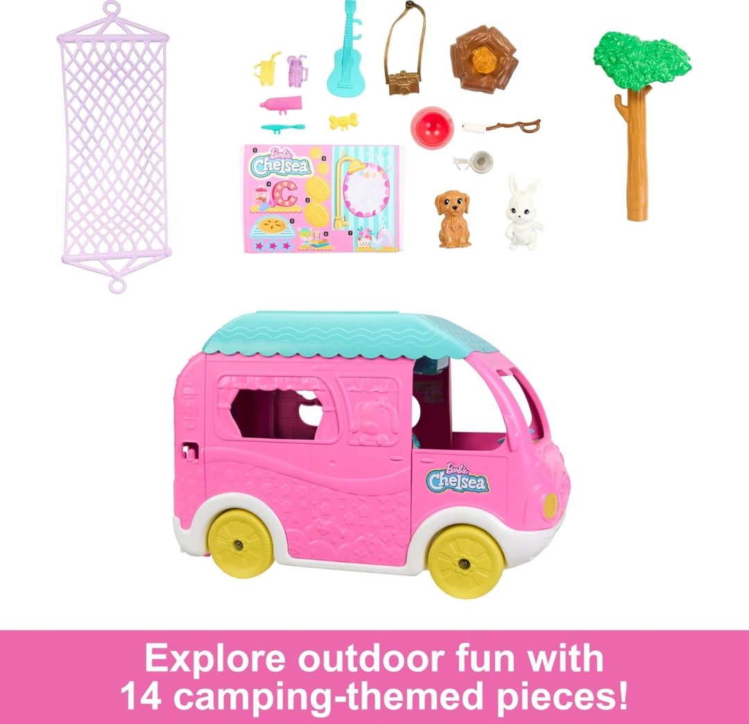 Barbie® Camper, Chelsea™ 2-in-1 Playset with Small Doll, 2 Pets & 15 Accessories, Vehicle Transforms into Camp Site view 3