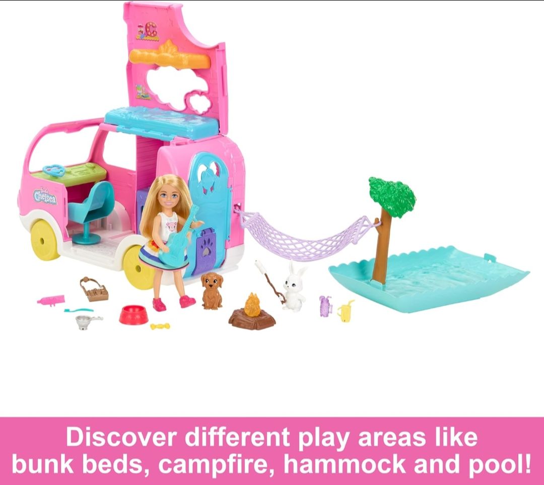 Barbie® Camper, Chelsea™ 2-in-1 Playset with Small Doll, 2 Pets & 15 Accessories, Vehicle Transforms into Camp Site view 4