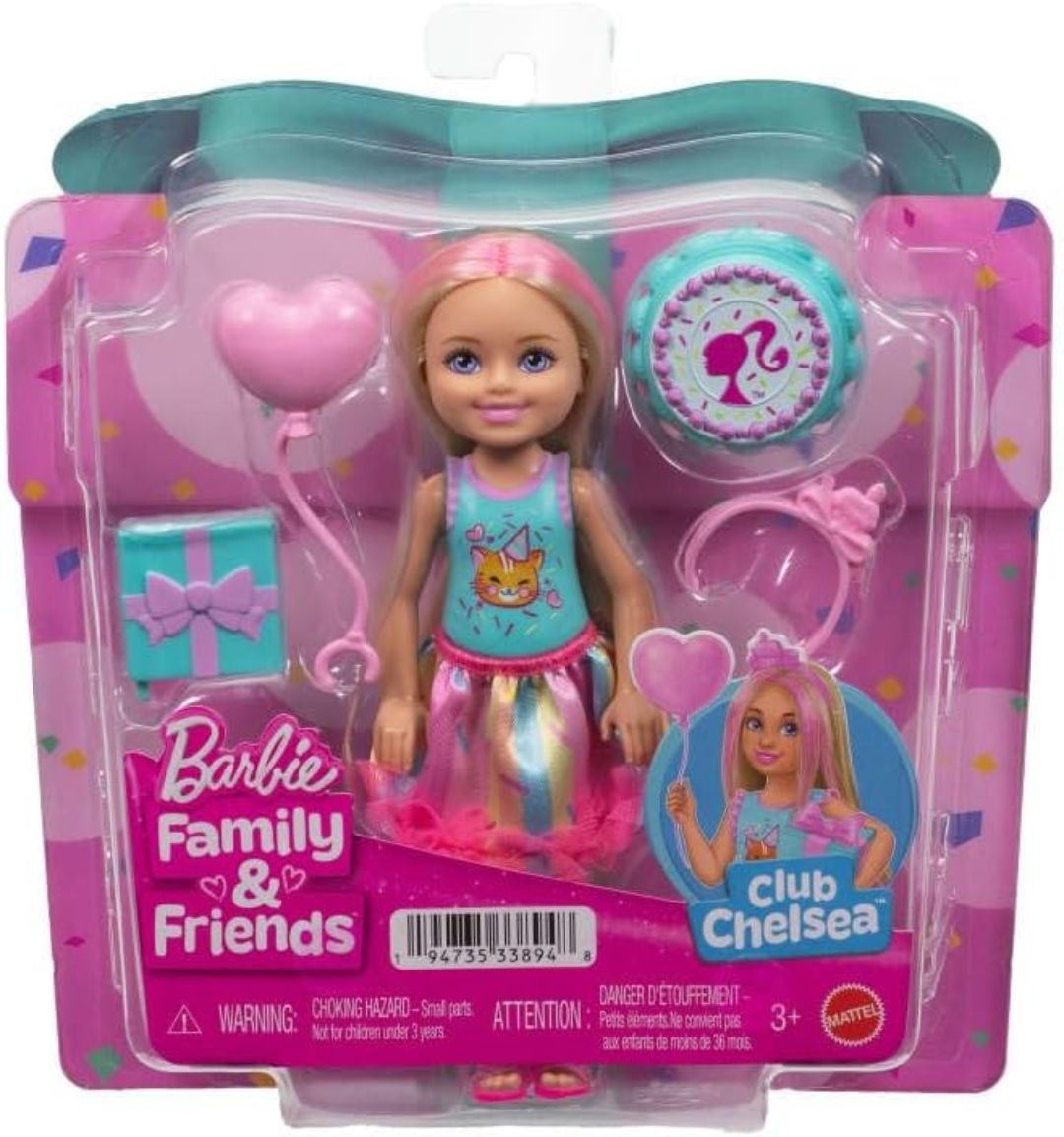 Barbie Club Chelsea 6-Inch Birthday-Themed Small Doll with Pink-Streaked Blonde Hair, Colorful Dress & 4 Party Accessories
Blonde hair with pink highlights, colourful dress and 4 party accessories, JJB37