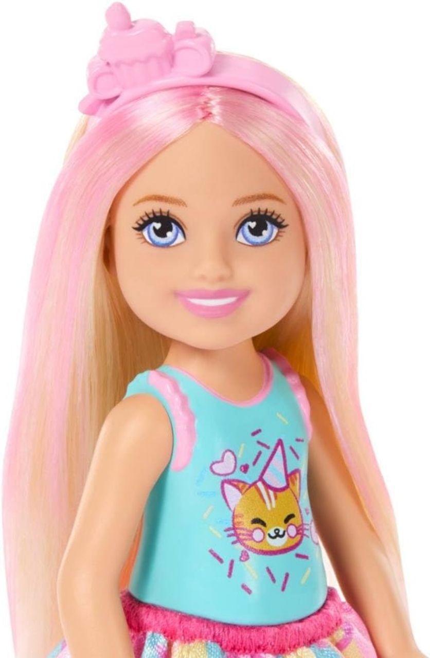 Barbie Club Chelsea 6-Inch Birthday-Themed Small Doll with Pink-Streaked Blonde Hair, Colorful Dress & 4 Party Accessories
Blonde hair with pink highlights, colourful dress and 4 party accessories, JJB37 view 6