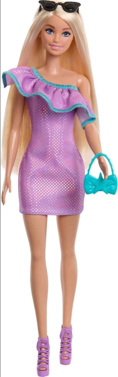 Barbie Doll with Clothes and Accessories, Blond Hair and 3 Party-Themed Mix-and-Match Outfits Including Dresses, Purses and Heels view 2