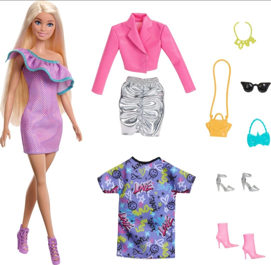 Barbie Doll with Clothes and Accessories, Blond Hair and 3 Party-Themed Mix-and-Match Outfits Including Dresses, Purses and Heels view 6