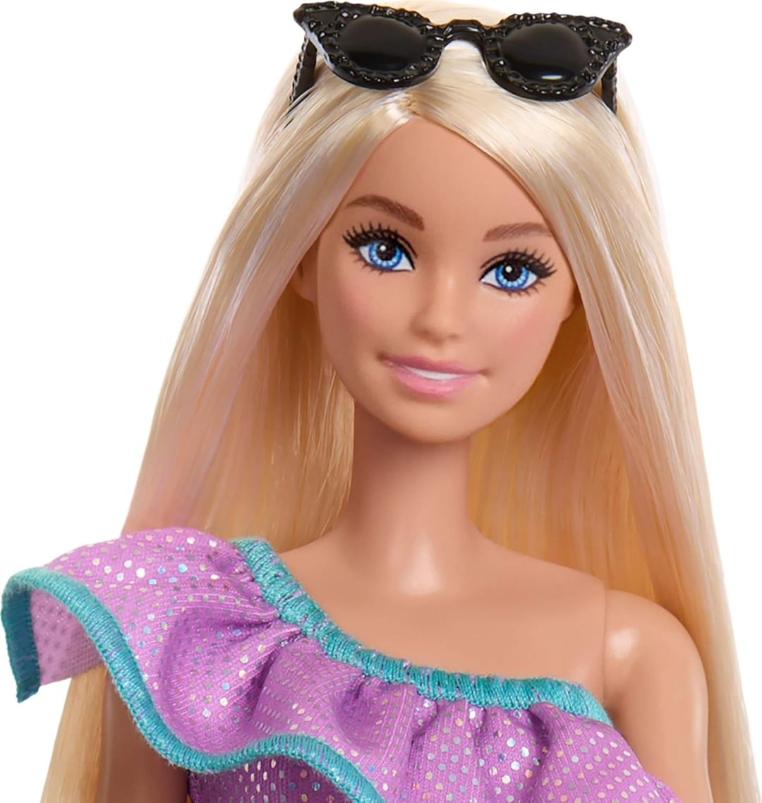 Barbie Doll with Clothes and Accessories, Blond Hair and 3 Party-Themed Mix-and-Match Outfits Including Dresses, Purses and Heels view 3