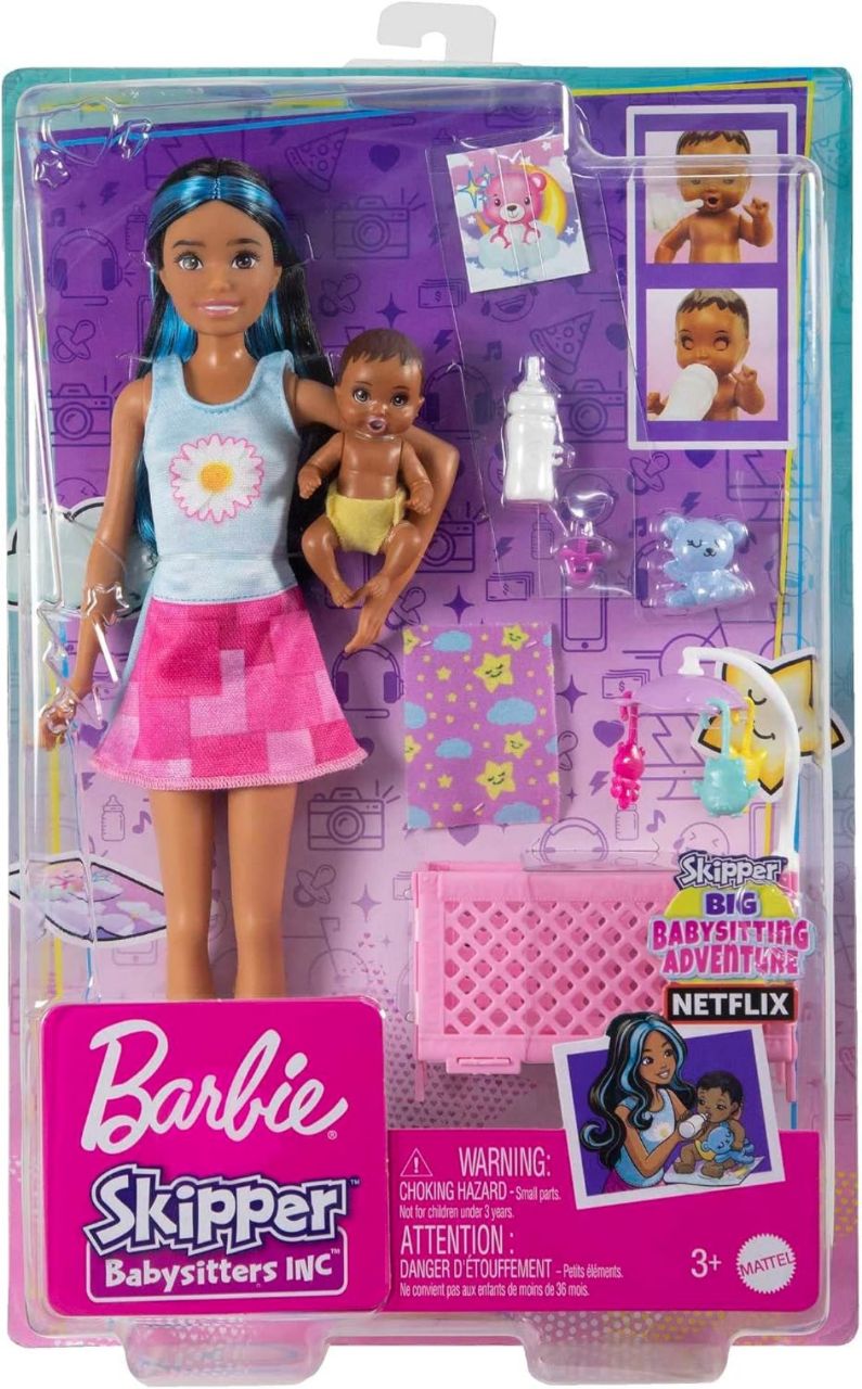 Barbie Skipper Babysitters Inc.™ Crib Playset with Latina Friend Doll, Baby Doll with Sleepy Eyes, Furniture and Themed Accessories
