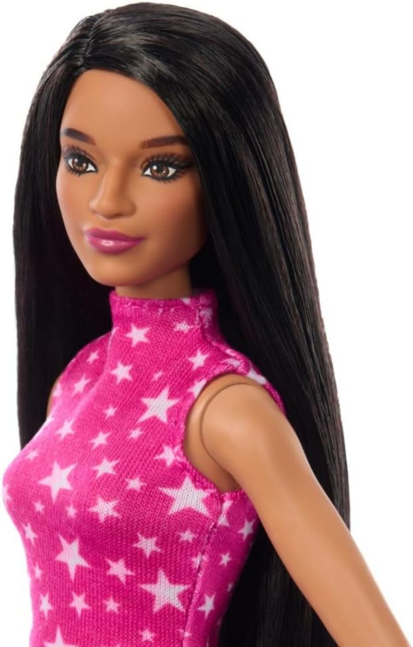 Barbie Fashionistas Doll #215 with Black Straight Hair, Pink Star-Print Top & Iridescent Skirt, 65th Anniversary Collectible Fashion Doll view 4