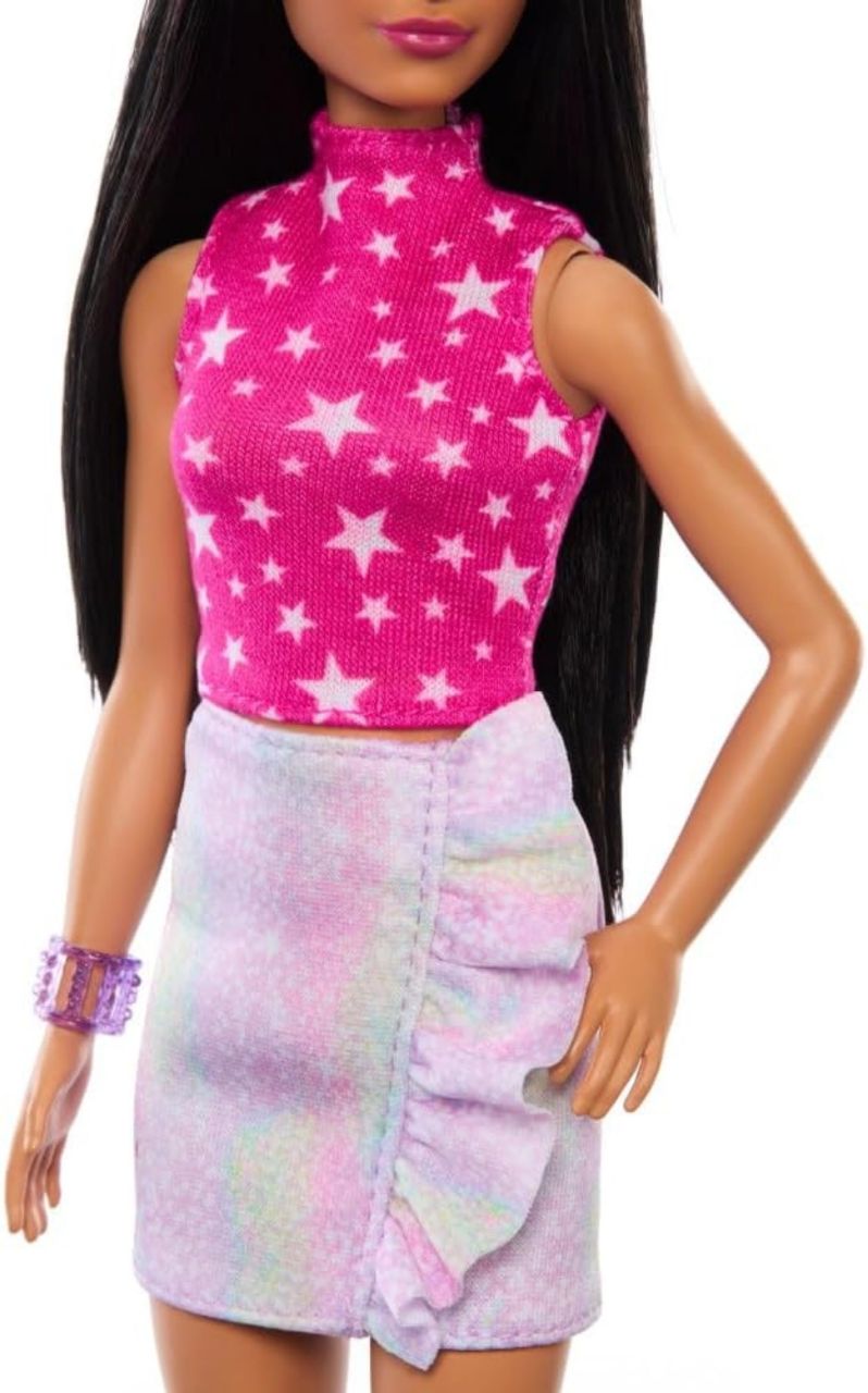 Barbie Fashionistas Doll #215 with Black Straight Hair, Pink Star-Print Top & Iridescent Skirt, 65th Anniversary Collectible Fashion Doll view 6
