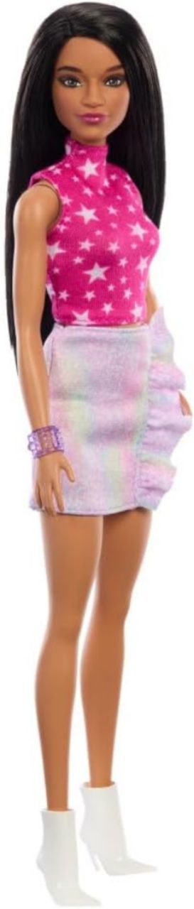 Barbie Fashionistas Doll #215 with Black Straight Hair, Pink Star-Print Top & Iridescent Skirt, 65th Anniversary Collectible Fashion Doll view 2