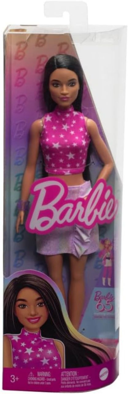 Barbie Fashionistas Doll #215 with Black Straight Hair, Pink Star-Print Top & Iridescent Skirt, 65th Anniversary Collectible Fashion Doll