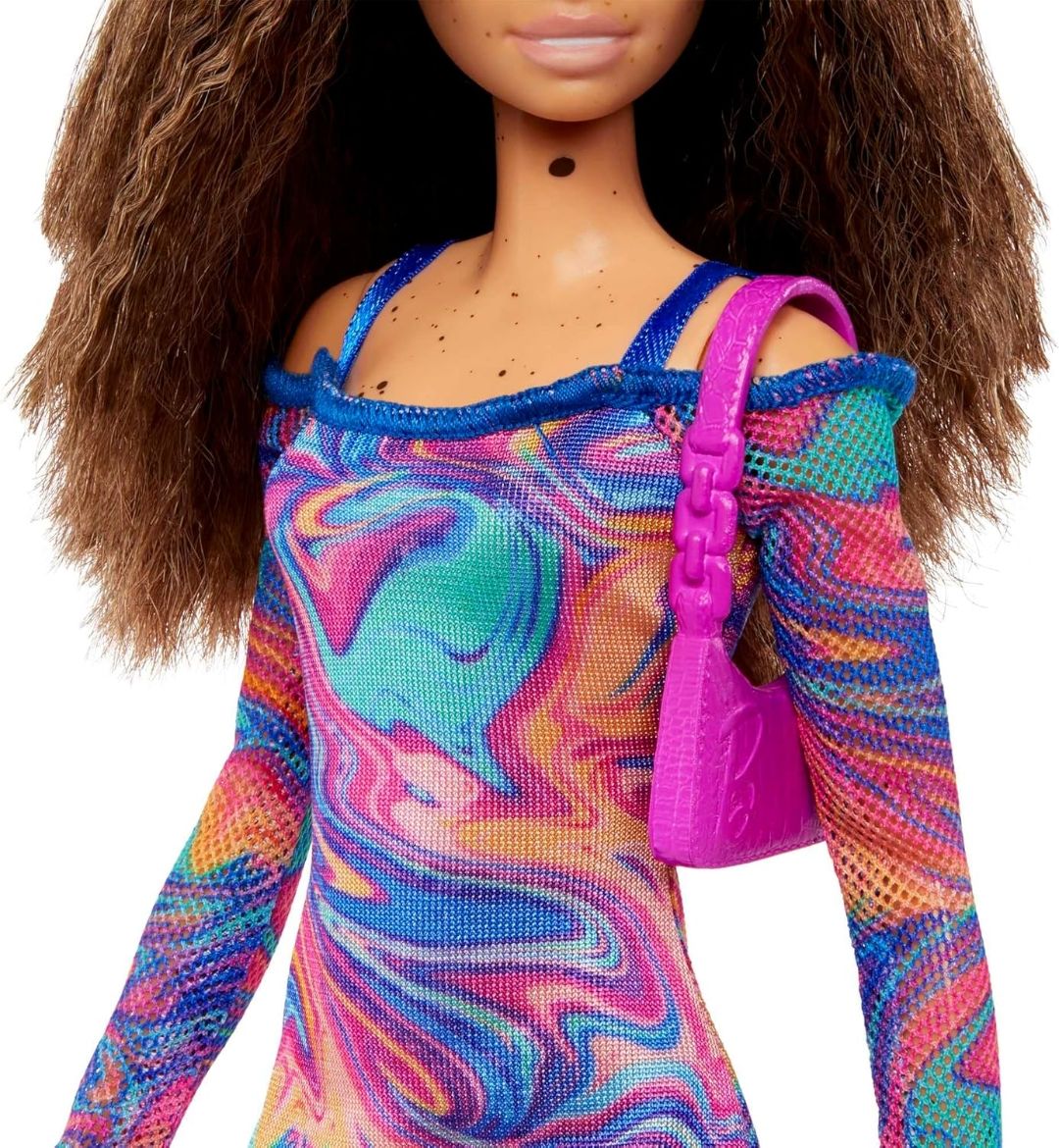 Barbie® Fashionistas™ Doll #206 with Crimped Hair and Freckles, Wearing Rainbow Marble-Print Dress with Green Mules and Purse view 5