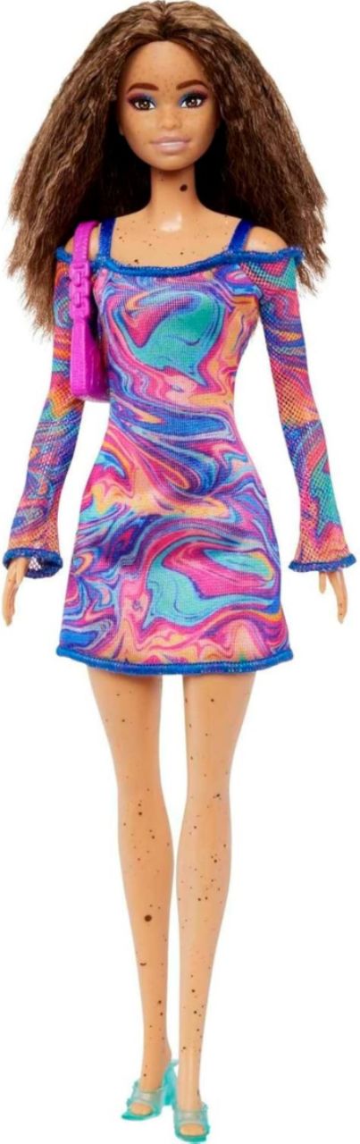 Barbie® Fashionistas™ Doll #206 with Crimped Hair and Freckles, Wearing Rainbow Marble-Print Dress with Green Mules and Purse view 2