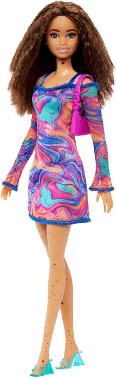 Barbie® Fashionistas™ Doll #206 with Crimped Hair and Freckles, Wearing Rainbow Marble-Print Dress with Green Mules and Purse view 6