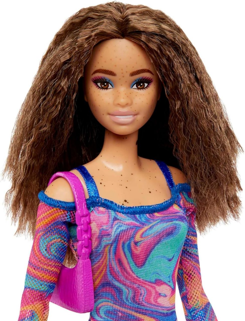 Barbie® Fashionistas™ Doll #206 with Crimped Hair and Freckles, Wearing Rainbow Marble-Print Dress with Green Mules and Purse view 4