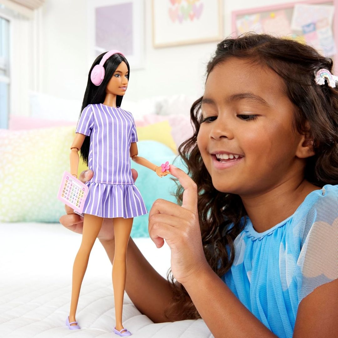 Barbie Fashionistas Doll #245, Autistic Doll Wearing Purple Striped Dress with Accessories Like Fidget Spinner, Tablet and Headphones view 3