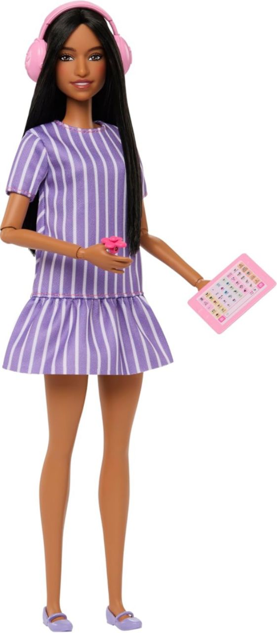 Barbie Fashionistas Doll #245, Autistic Doll Wearing Purple Striped Dress with Accessories Like Fidget Spinner, Tablet and Headphones view 2