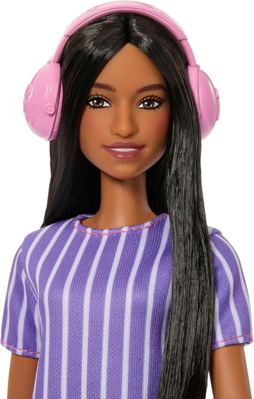 Barbie Fashionistas Doll #245, Autistic Doll Wearing Purple Striped Dress with Accessories Like Fidget Spinner, Tablet and Headphones view 4