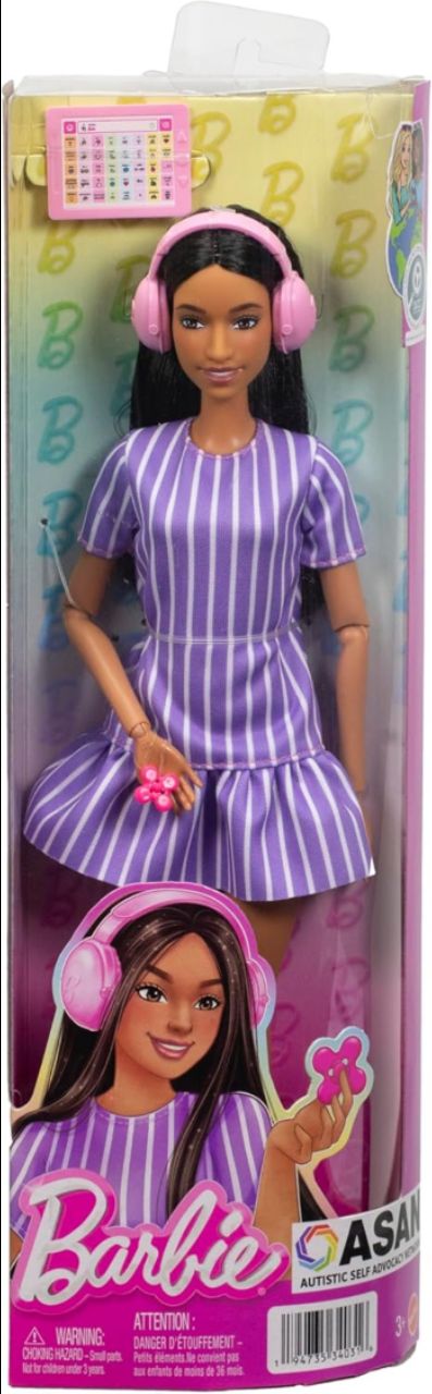 Barbie Fashionistas Doll #245, Autistic Doll Wearing Purple Striped Dress with Accessories Like Fidget Spinner, Tablet and Headphones