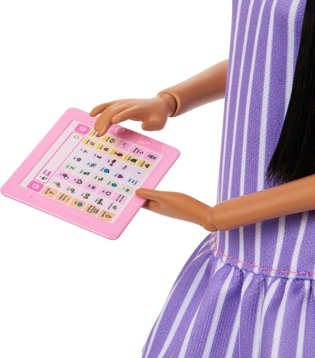 Barbie Fashionistas Doll #245, Autistic Doll Wearing Purple Striped Dress with Accessories Like Fidget Spinner, Tablet and Headphones view 6