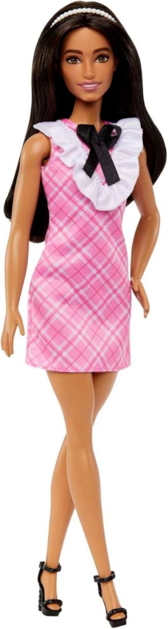 Barbie® Fashionistas™ Doll #209 with Black Hair Wearing a Pink Plaid Dress, Pearlescent Headband and Strappy Heels view 2