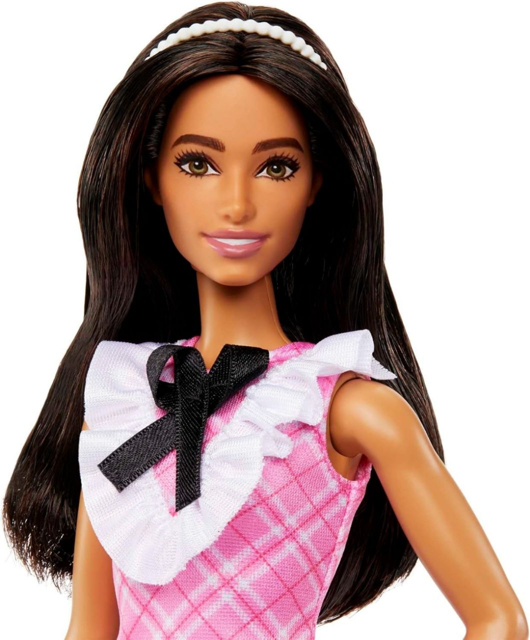 Barbie® Fashionistas™ Doll #209 with Black Hair Wearing a Pink Plaid Dress, Pearlescent Headband and Strappy Heels view 4