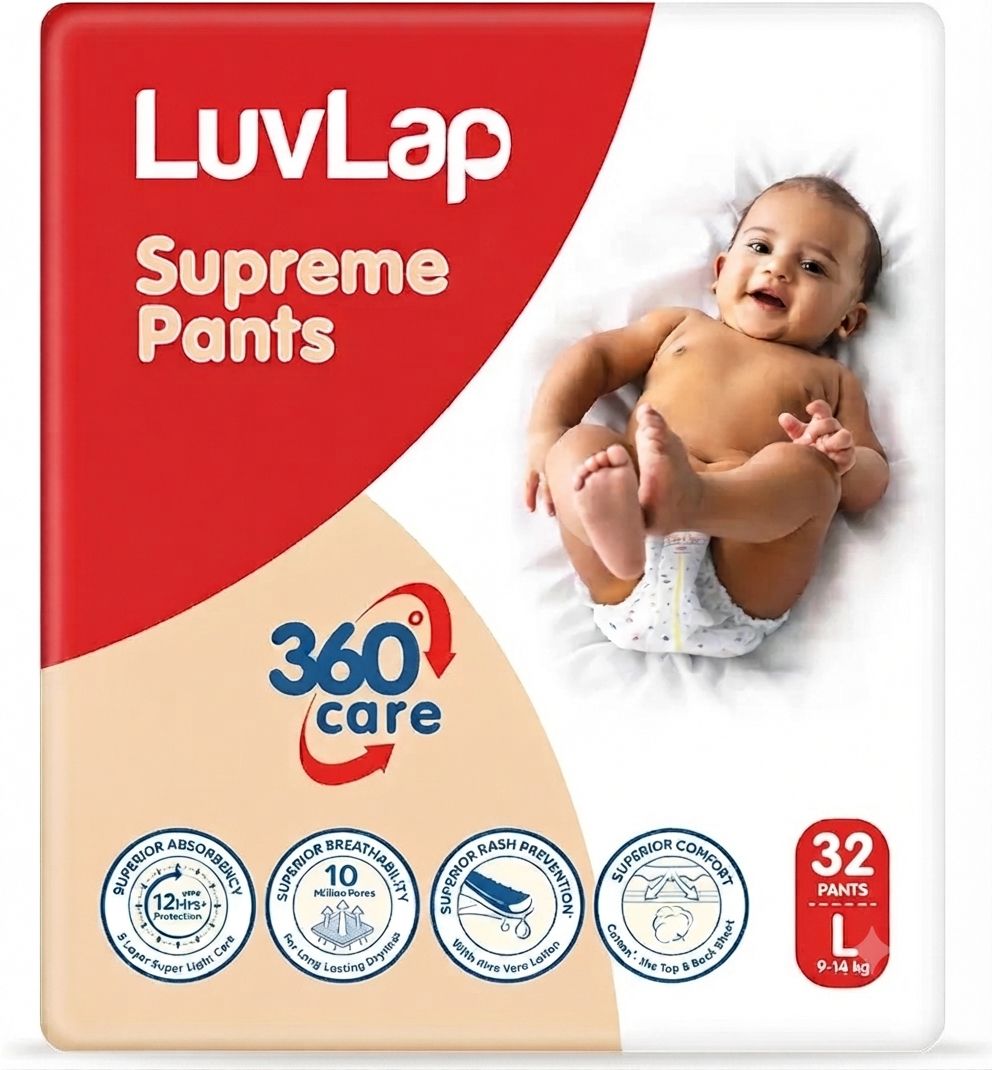 LuvLap Supreme Diaper Pants Large (LG) 9 to 14Kg, 32 Pcs, 360° skin care with 10 million breathable pores, Aloe Vera for superior Rash prevention, upto 12hr protection, 5 layer super light core