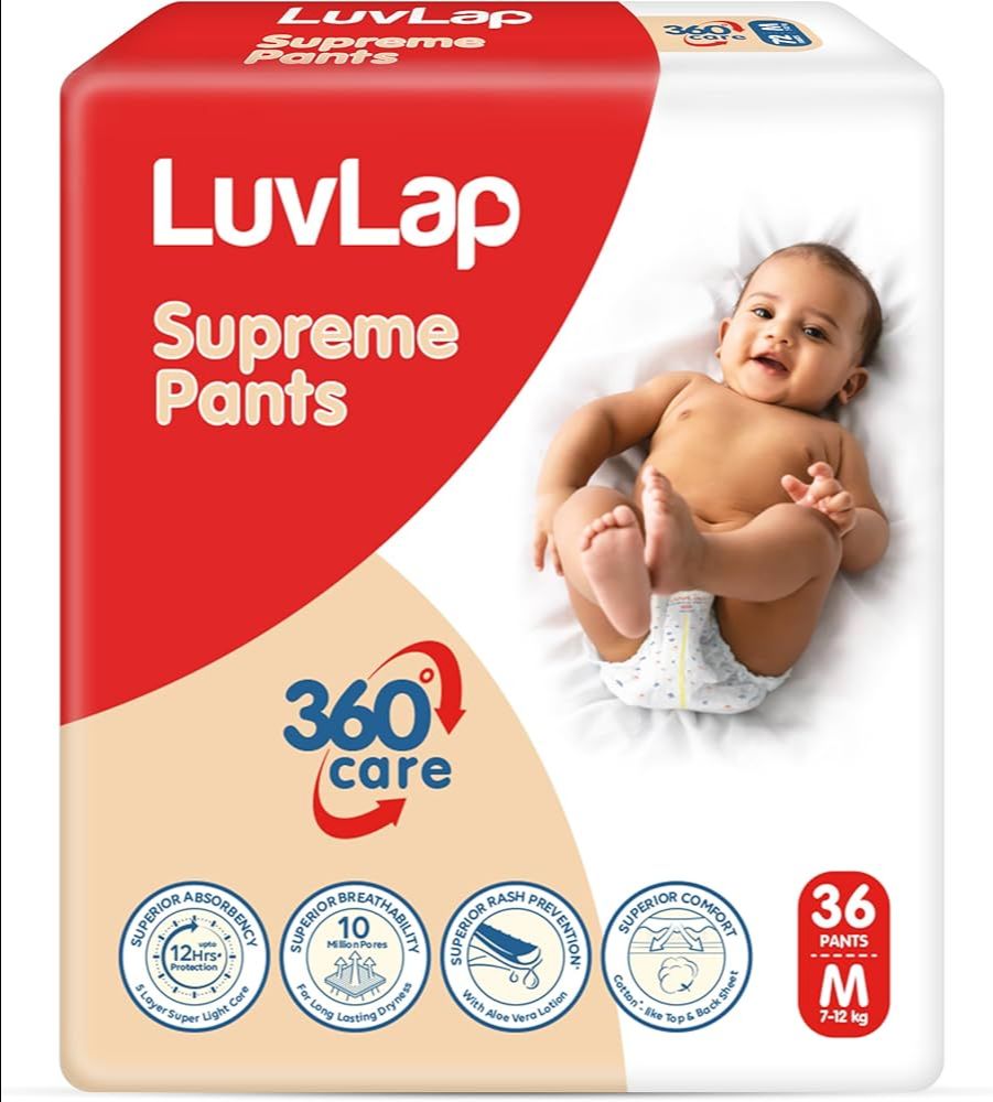 LuvLap Supreme Diaper Pants Medium (MD) 7 to 12Kg, 36 Pcs, 360° skin care with 10 million breathable pores, Aloe Vera for superior Rash prevention, upto 12hr protection, 5 layer super light core