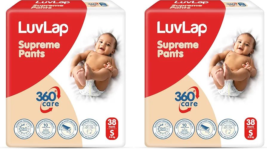 LuvLap Supreme Diaper Pants Small (SM) 4 to 8Kg, 38Pcs, 360° skin care with 10 million breathable pores, Aloe Vera for superior Rash prevention, upto 12hr protection, 5 layer super light core