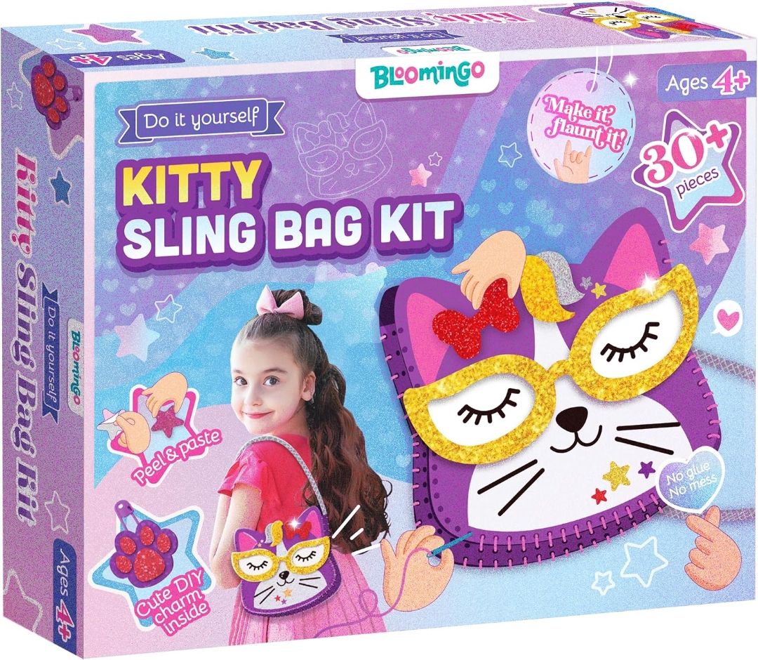 Bloomingo DIY Kitty Bag Kit for Girls – Adorable Skill-Building Gift for Birthdays | Child-Safe Sewing Kit to Make a Cute Sling Bag | Encourages Creativity, Focus & Imagination | Fun Craft | Ages 4+