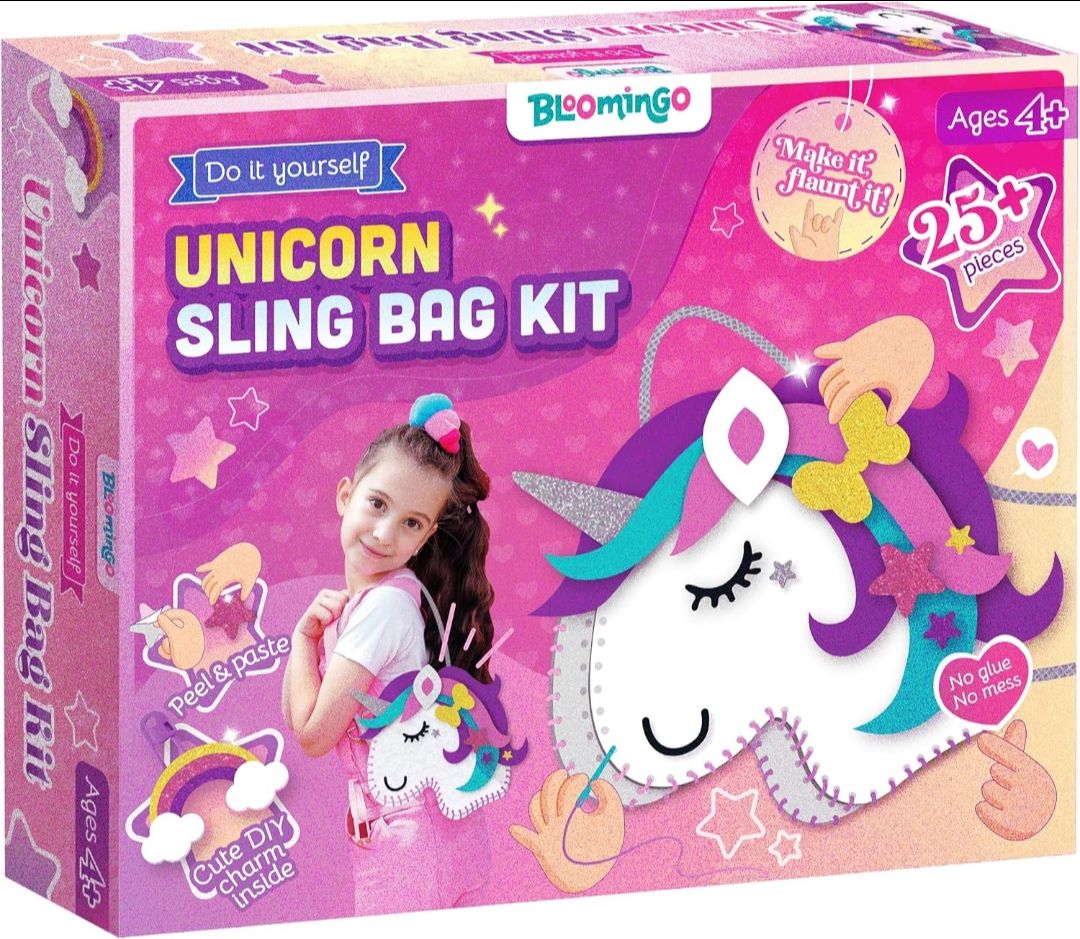 Bloomingo DIY Unicorn Bag | Kit for Girls – Fun Birthday & Skill-Building Gift | Kid-Friendly Sewing Pieces to Create a Magical Sling Bag | Encourages Creativity, Imagination & Focus | Ages 4+