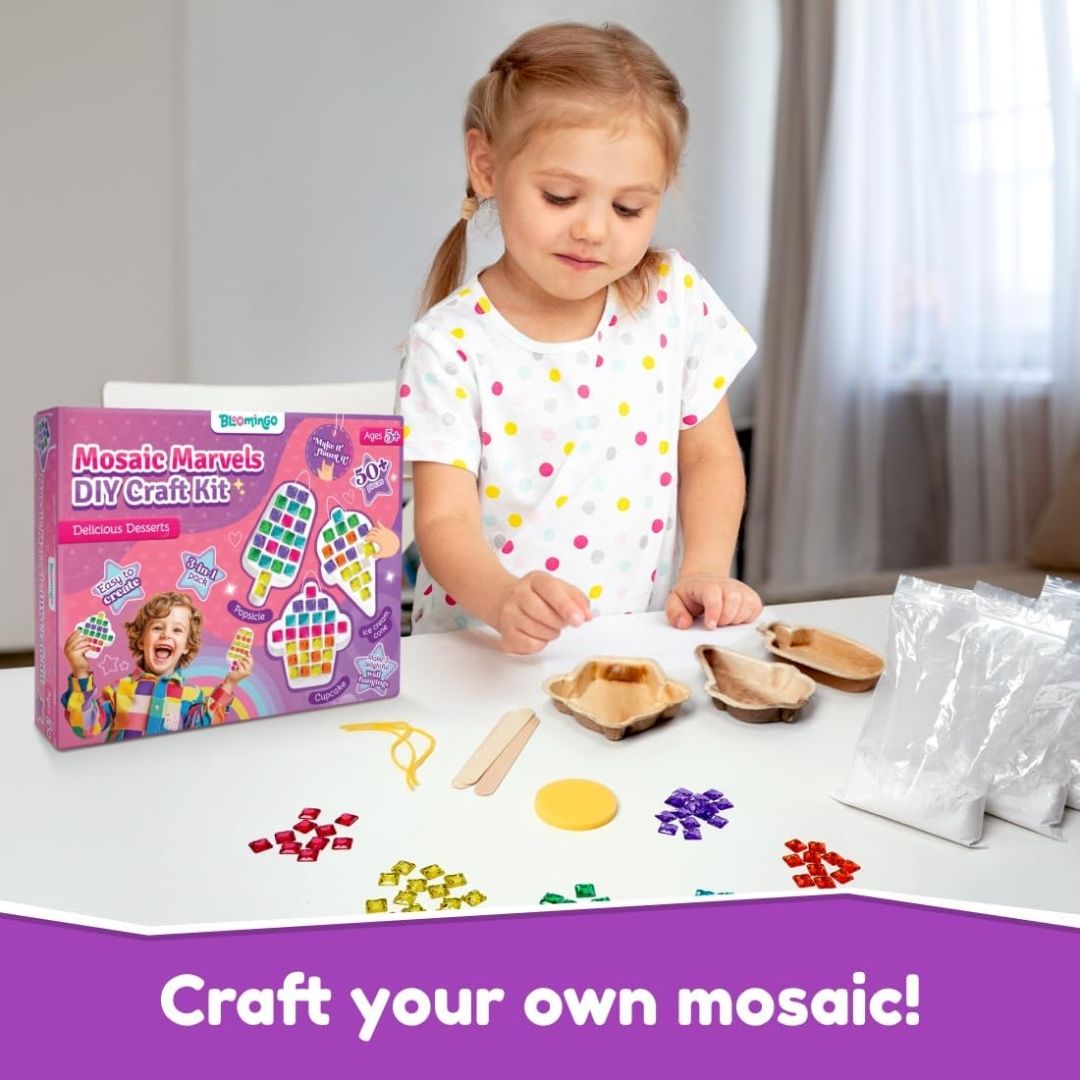 Bloomingo Art & Craft Kit for Ages 5+ - Mosaic Marvels DIY Craft Kit - Delicious Desserts | Easy-to-follow instructions | DIY kit for kids | 3-in-1 pack | Mosaic Art | Desserts | Cupcake | Popsicle | Ice cream cone | Slow-drying plaster | Areca-leaf moulds | Mosaic tiles | DIY wall hangings | Create and decorate view 3