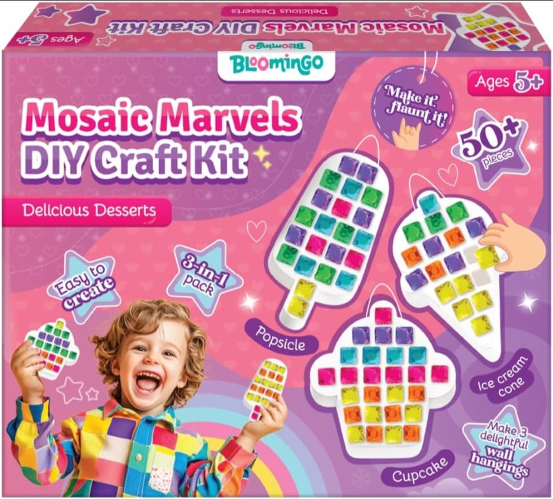 Bloomingo Art & Craft Kit for Ages 5+ - Mosaic Marvels DIY Craft Kit - Delicious Desserts | Easy-to-follow instructions | DIY kit for kids | 3-in-1 pack | Mosaic Art | Desserts | Cupcake | Popsicle | Ice cream cone | Slow-drying plaster | Areca-leaf moulds | Mosaic tiles | DIY wall hangings | Create and decorate
