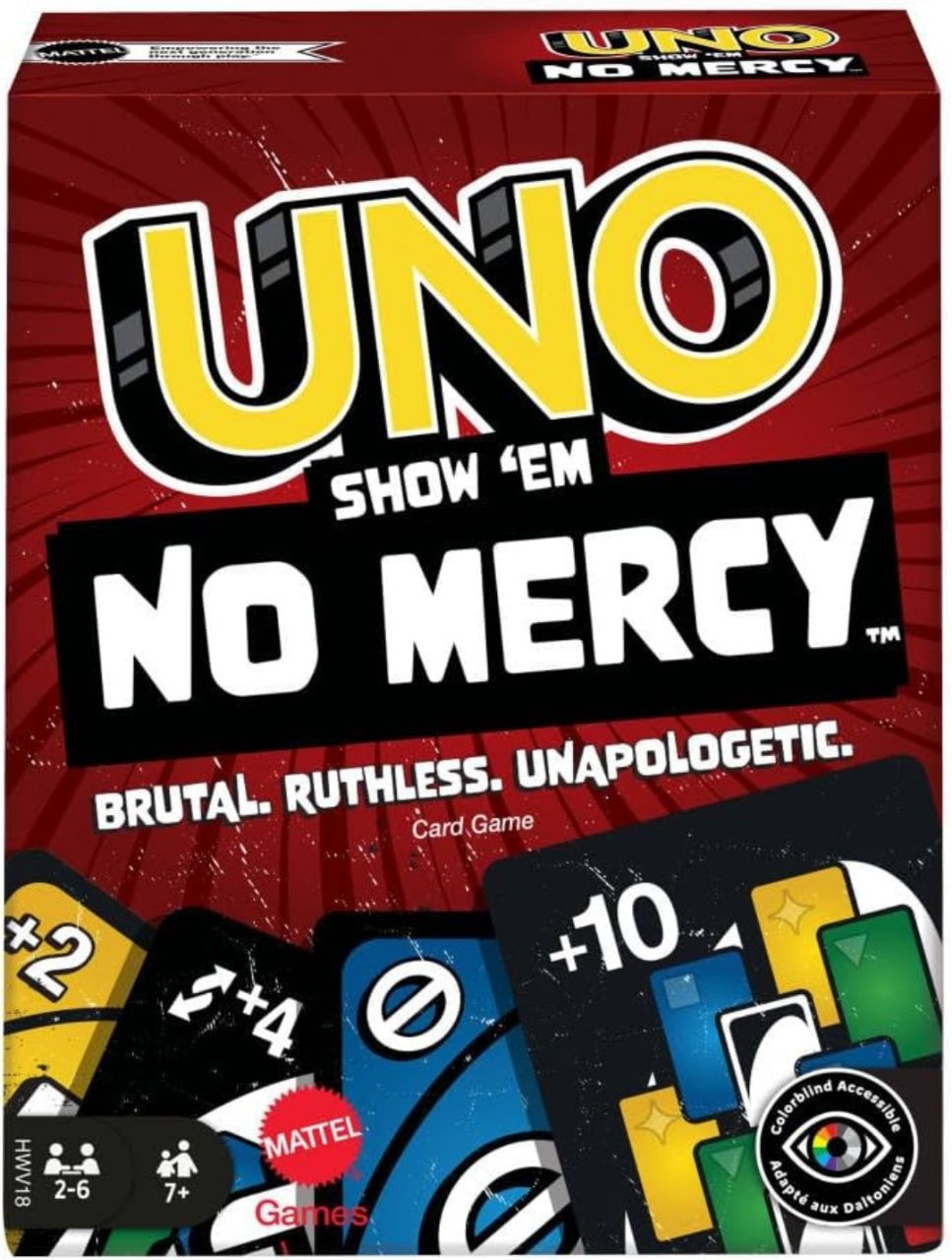 Mattel Games UNO Show ‘em No Mercy Card Game for Kids, Adults & Family Parties and Travel with Extra Cards, Special Rules and Tougher Penalties.