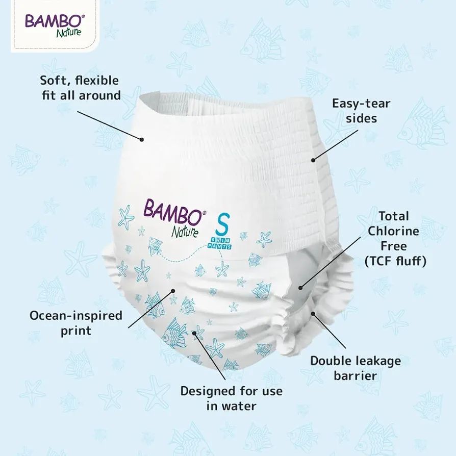 Bambo Nature Disposable Swim Diaper Pants - Double Leak Barriers, Soft 360° Elastic Fit, Chemical-Free & Leakproof Pool Diapers For Baby, Waterproof Toddler Swimming Swimsuit, Kids 7-12 kgs, 12 Count view 2
