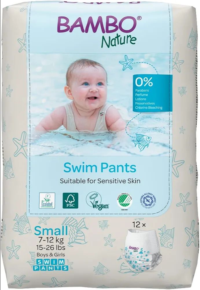 Bambo Nature Disposable Swim Diaper Pants - Double Leak Barriers, Soft 360° Elastic Fit, Chemical-Free & Leakproof Pool Diapers For Baby, Waterproof Toddler Swimming Swimsuit, Kids 7-12 kgs, 12 Count