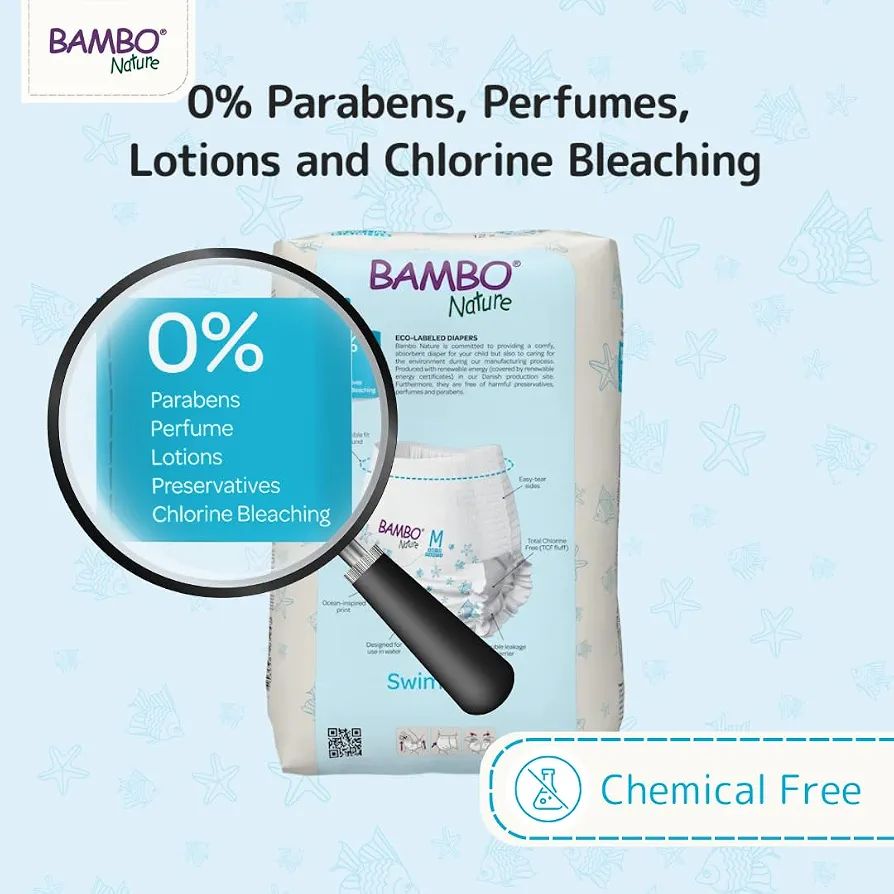 Bambo Nature Disposable Swim Diaper Pants - Double Leak Barriers, Soft 360° Elastic Fit, Chemical-Free & Leakproof Pool Diapers For Baby, Waterproof Toddler Swimming Swimsuit, Kids 7-12 kgs, 12 Count view 5