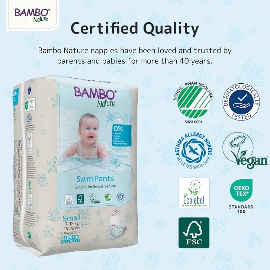 Bambo Nature Disposable Swim Diaper Pants - Double Leak Barriers, Soft 360° Elastic Fit, Chemical-Free & Leakproof Pool Diapers For Baby, Waterproof Toddler Swimming Swimsuit, Kids 7-12 kgs, 12 Count view 6