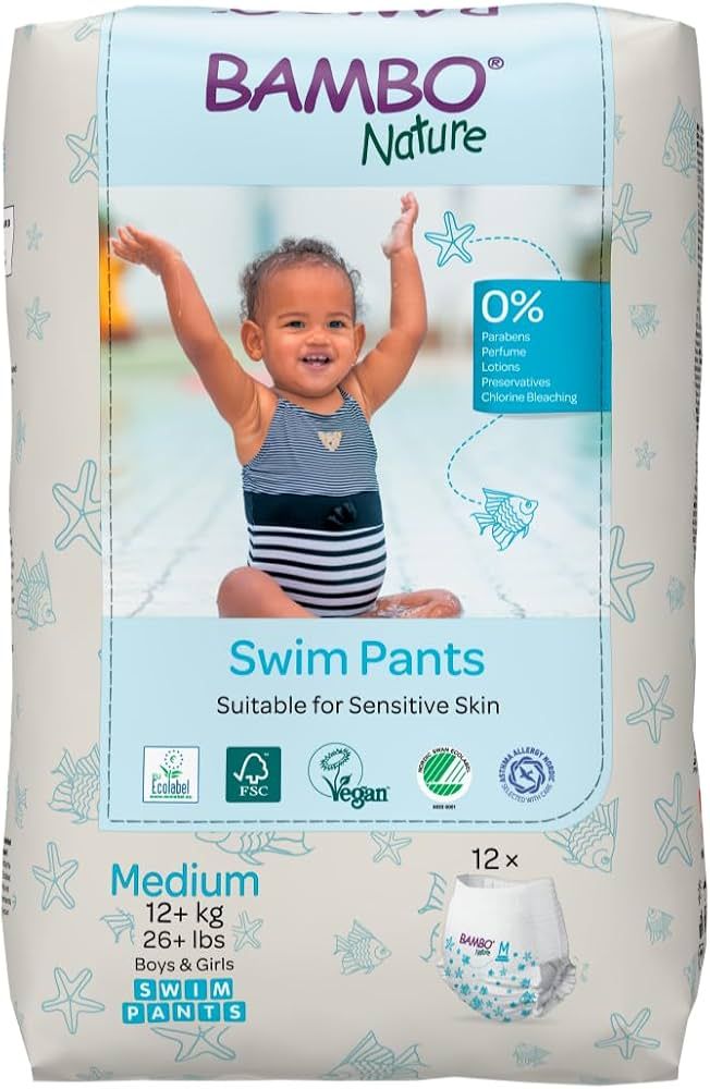 Bambo Nature Disposable Swim Diaper Pants | Double Leak Barriers | Soft 360° Elastic Fit, Chemical Free & Leakproof Pool Diapers For Baby Waterproof Toddler Swimming Swimsuit | Kids 12+ kg, 12 Count