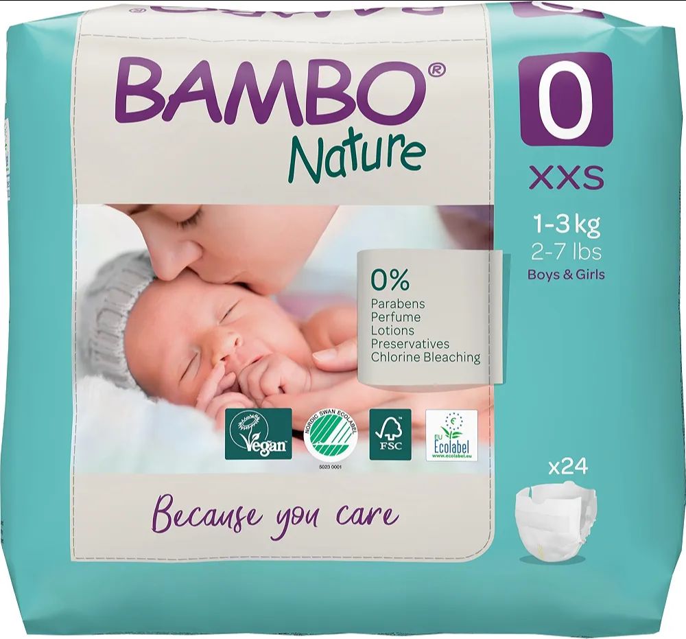Bambo Nature Premium Baby Tape Diapers for Premature Baby XXS Size (1-3 Kgs) - Super Absorbent, Breathable, Extra Soft, Dermatologically Tested, Hypoallergenic Nappies With Wetness Indicator, 24 Count (White, XXS, 24.00, count)