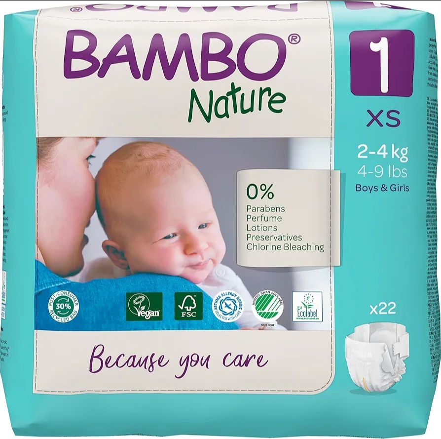 Bambo Nature Premium Baby Tape Diapers for New Born Baby XS Size (2-4 Kgs) - Super Absorbent, Breathable, Extra Soft, Dermatologically Tested, Hypoallergenic Nappies With A Wetness Indicator, 22 Count