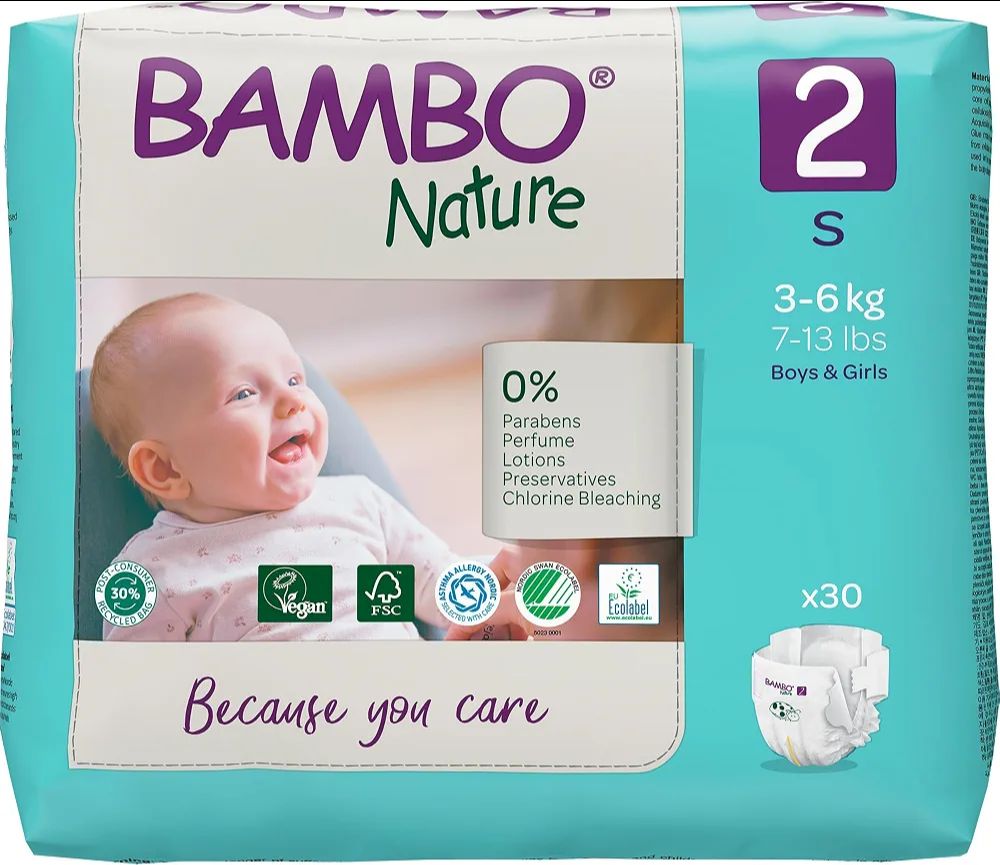 Bambo Nature Premium Baby Tape Diapers for Baby Small Size (3-6 Kgs) - Super Absorbent, Breathable, Extra Soft, Dermatologically Tested, Hypoallergenic Infant Nappies With Wetness Indicator, 30 Count